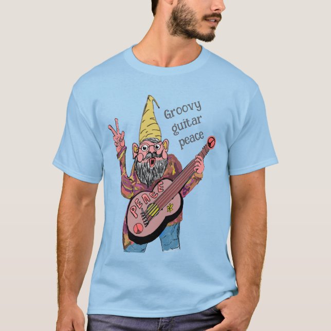 Whimsical Gnome with Peace Guitar, Groovy 60s Vibe T-Shirt (Vorderseite)