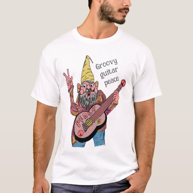 Whimsical Gnome with Peace Guitar, Groovy 60s Vibe T-Shirt (Vorderseite)