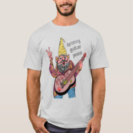 Whimsical Gnome with Peace Guitar, Groovy 60s Vibe T-Shirt