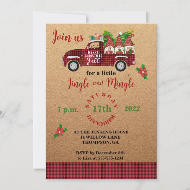 Whimsical Gnomes in Red Truck Weihnachts-Party Einladung (Vorderseite)