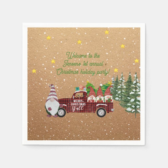 Whimsical Gnomes in Red Truck Weihnachts-Party Serviette (Vorderseite)