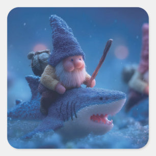 Whimsical Gnomes Riding on Haie Quadratischer Aufkleber