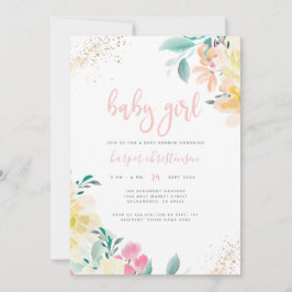 Whimsical Gold Blush Pink Floral Girl Baby Dusche Einladung