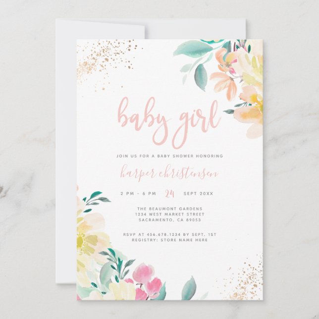 Whimsical Gold Blush Pink Floral Girl Baby Dusche Einladung (Vorderseite)