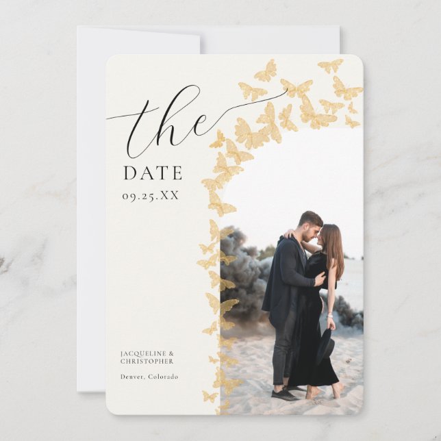 Whimsical Gold Butterflies Boho Foto Arch Wedding Save The Date (Vorderseite)
