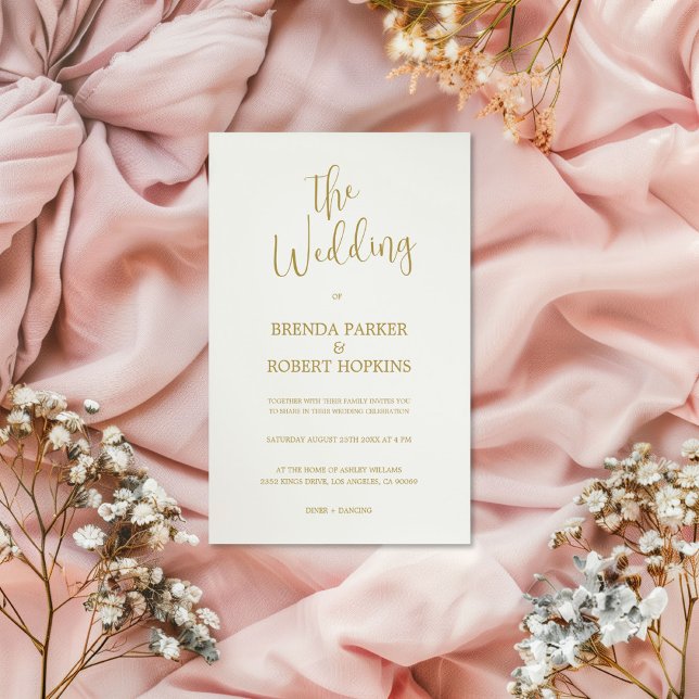 Whimsical Gold Calligraphy on White Wedite Einladu Einladung (Von Creator hochgeladen)