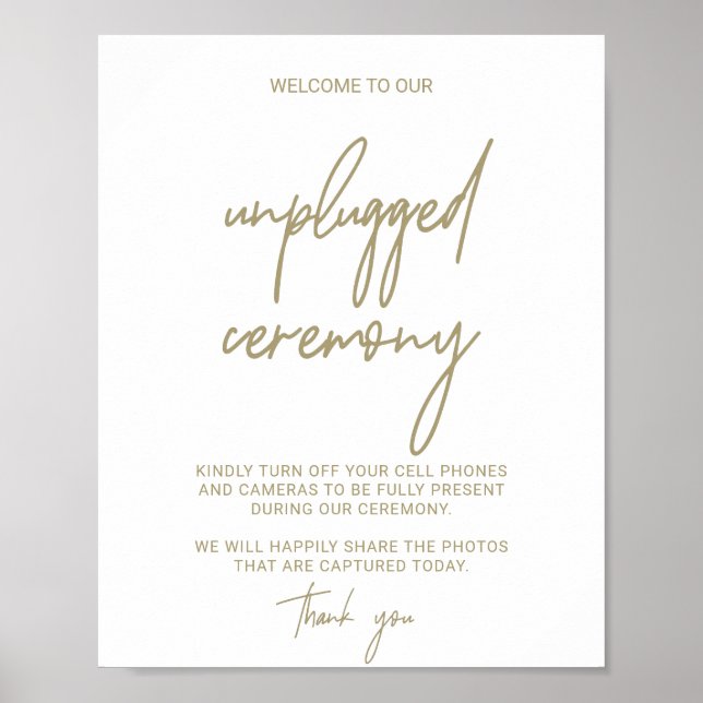 Whimsical Gold Calligraphy Unplugged Zeremony Sign Poster (Vorne)