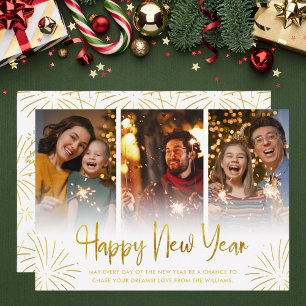 Whimsical Gold Fireworks Happy New Year Foto Feiertagskarte