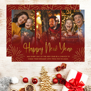 Whimsical Gold Fireworks Happy New Year Foto Feiertagskarte