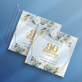 Whimsical Gold Frame Dusty Blue Flowers 90th  Gästebuch
