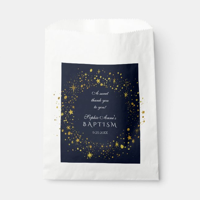 Whimsical Gold Starry Night Boy Taufe Vielen Dank Geschenktütchen (Vorderseite)