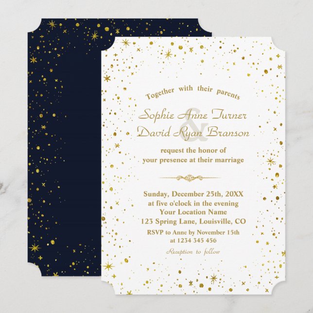 Whimsical Gold Starry Night Navy Blue Wedding Einladung (Vorne/Hinten)