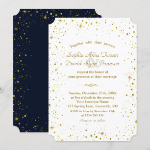 Whimsical Gold Starry Night Navy Blue Wedding Einladung