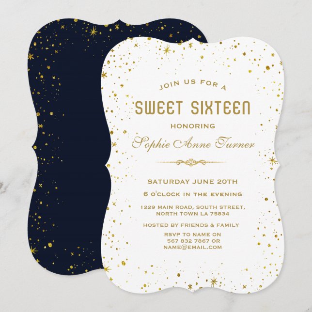 Whimsical Gold Starry Night Sweet 16 Einladung (Vorne/Hinten)