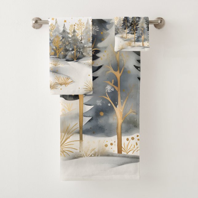Whimsical Gold und Grau Winter im Wald Badhandtuch Set (Insitu)