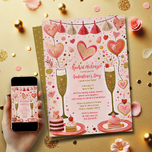 Whimsical Gold und Red Galentine's Day Party Einladung