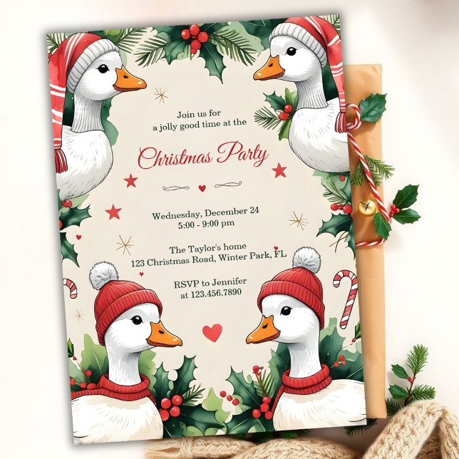 Whimsical Goose Cozy Winter Christmas Party Einladung (Whimsical Goose Christmas Party Invitation. Cozy Winter Hats, Holly & Candy Canes)