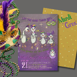 Whimsical Goose Family Mardi Gras Purple Yellow Einladung