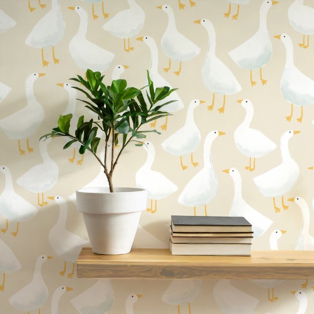 Whimsical Goose Pattern Soft Neutral Style Tapete (Goose geese art neutral farmhouse or nursery wallpaper)