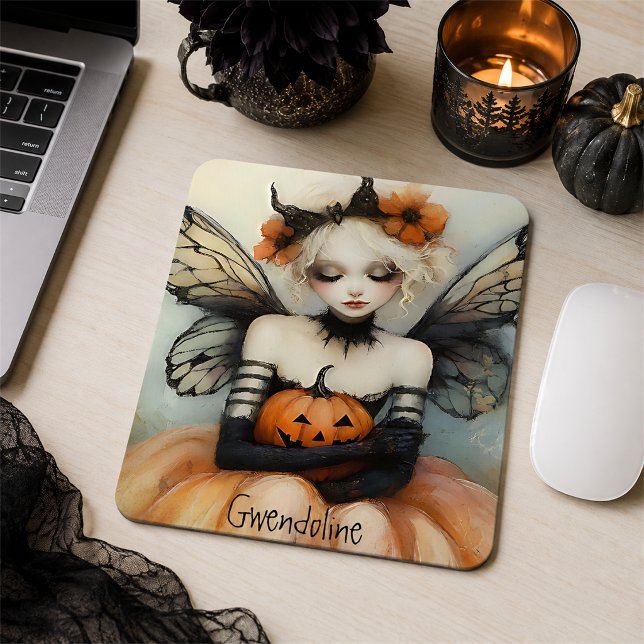 Whimsical Goth Fairy & Pumpkin Custom Halloween Mousepad (Von Creator hochgeladen)