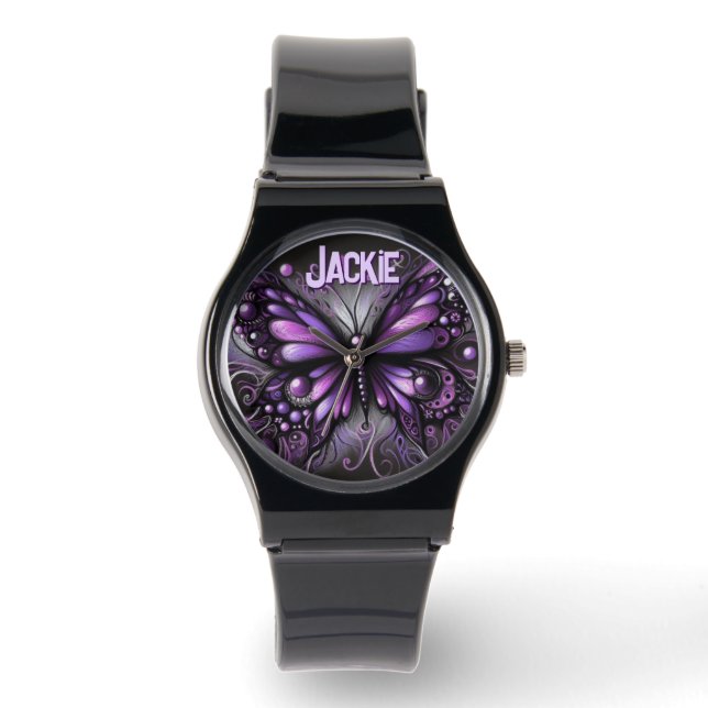 Whimsical Gothic Butterfly Purple Personalized Armbanduhr (Vorderseite)