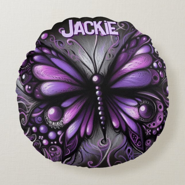 Whimsical Gothic Butterfly Purple Personalized Rundes Kissen (Vorderseite)