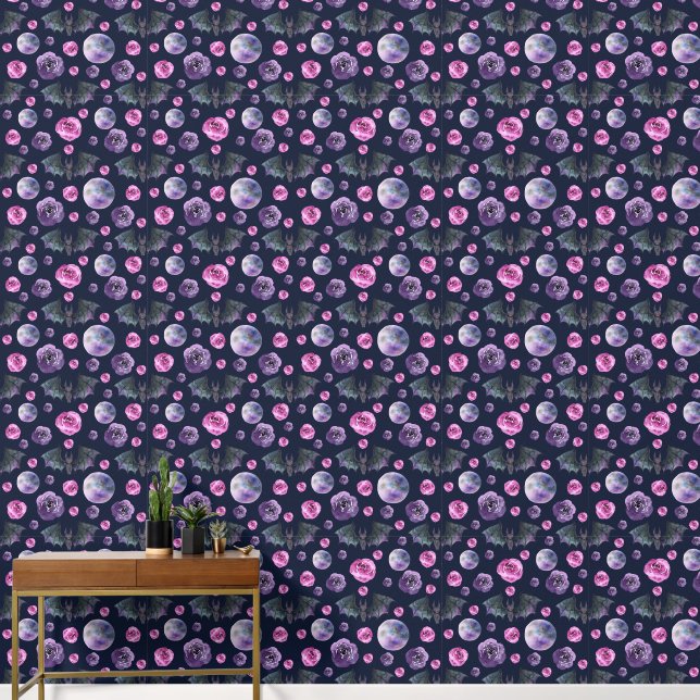 Whimsical Gothic Rose, Mond & Bat Halloween Tapete (Korridor)