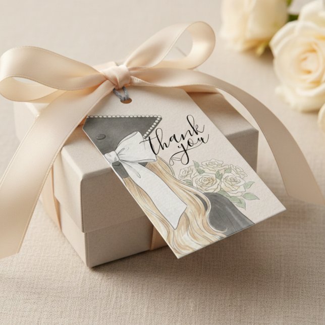 Whimsical Graduation Cap with Bow & Pearls Script Geschenkanhänger (Whimsical Graduation Cap with Bow & Pearls Script Gift Tags)