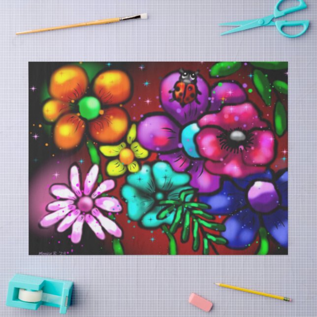Whimsical Graffiti-Style Floral Ladybug Decoupage Seidenpapier (Basteln)