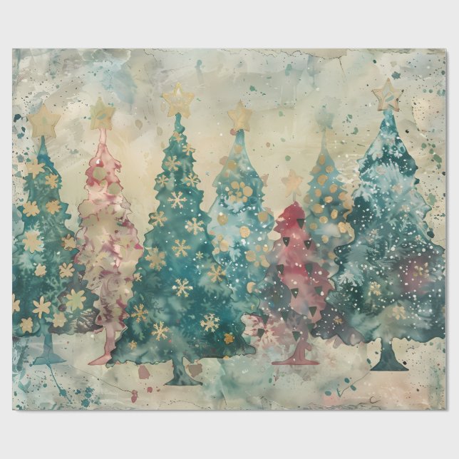 Whimsical Green and Red Trees with a touch of Gold Geschenkpapier (Flach)