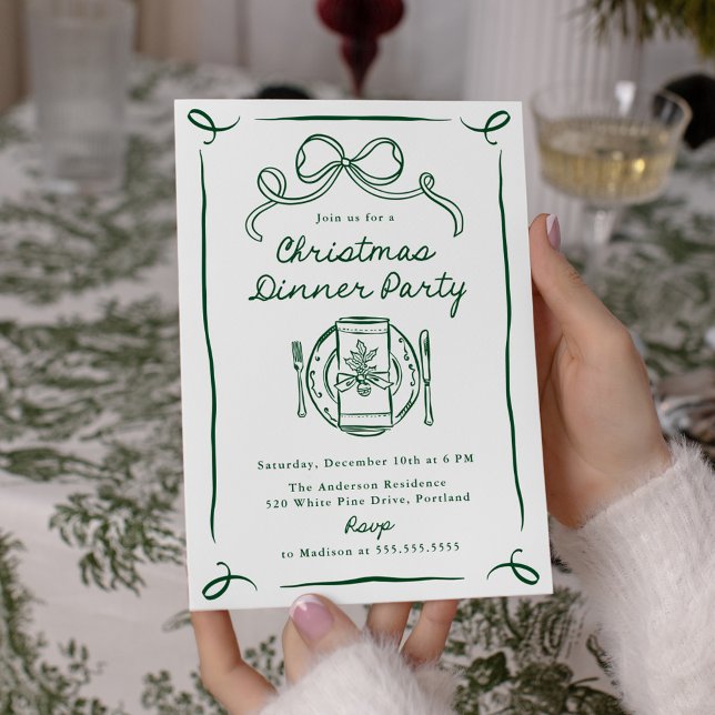 Whimsical Green Bow Christmas Dinner Party Einladung (Von Creator hochgeladen)