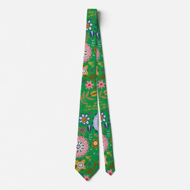 Whimsical Green Folk Art Blume Krawatte (Vorderseite)