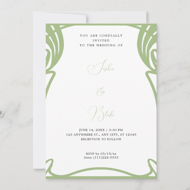 Whimsical Green und White Art Deco Hochzeit Einladung (Vorderseite)