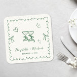 Whimsical Green Wavy Frame Cream Wedding Rechteckiger Pappuntersetzer<br><div class="desc">Romantic light cream coasters for your engagement party,  rehearsal dinner,  wedding reception,  party favors,  etc.,  featuring a green wavy frame adorned with coquette bows,  whimsical hand drawn illustrations of a heart,  stars and wine glasses,  and the names of the bride and groom in a playful green script.</div>