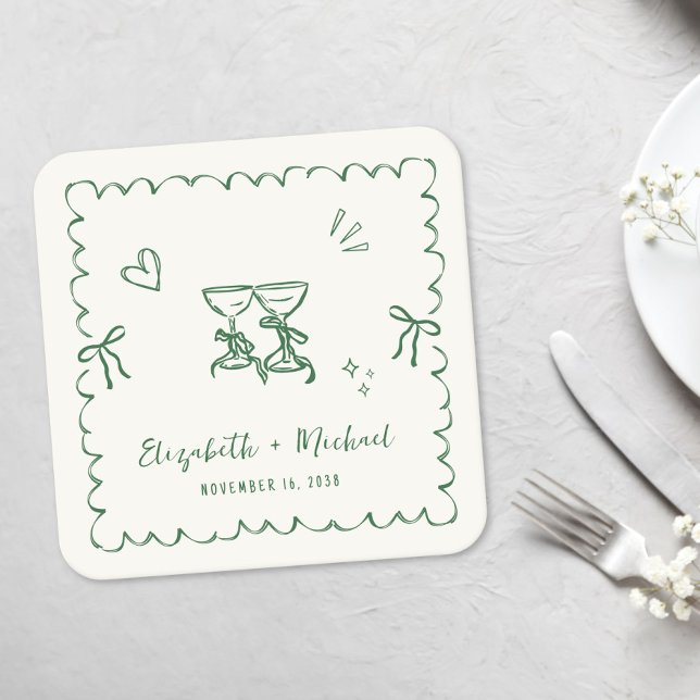 Whimsical Green Wavy Frame Cream Wedding Rechteckiger Pappuntersetzer (Whimsical Green Wavy Frame Cream Wedding Square Paper Coaster)