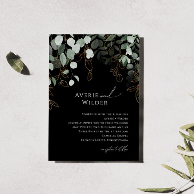 Whimsical Greenerity Black and Gold Wedding Einladung (Von Creator hochgeladen)