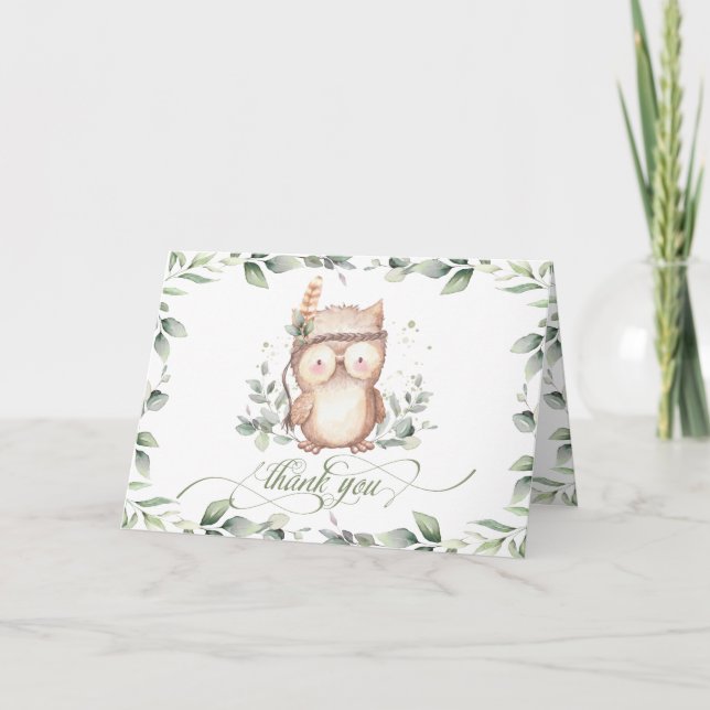 Whimsical Greenerity Tribal Owl Baby Shower Geburt Dankeskarte (Vorderseite)