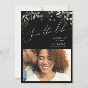 Whimsical Greenery Black and Gold Save the Date Magneteinladung