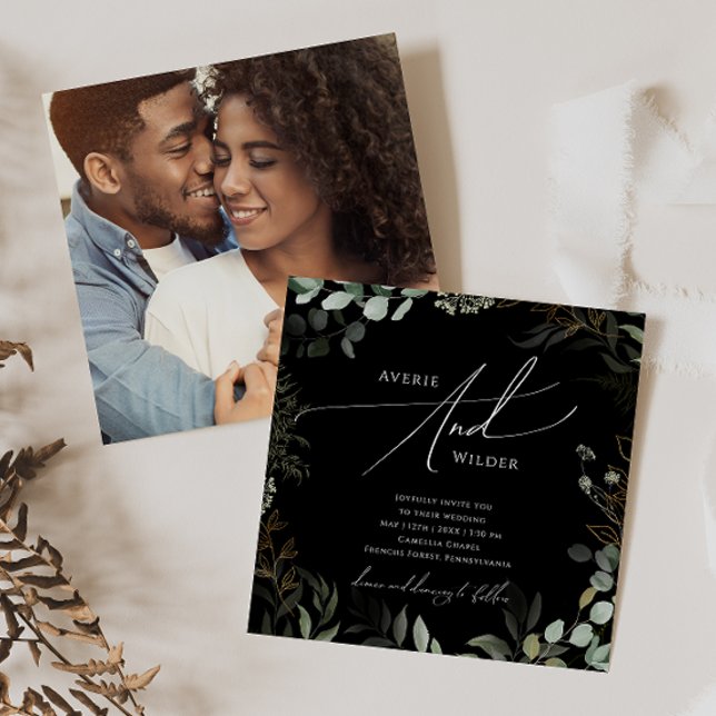 Whimsical Greenery Black Gold Square Foto Hochzeit Einladung (Von Creator hochgeladen)