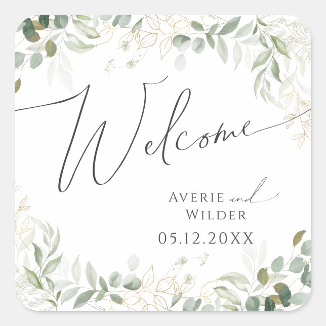 Whimsical Greenery und Gold | Begrüßung Quadratischer Aufkleber (Vorderseite)
