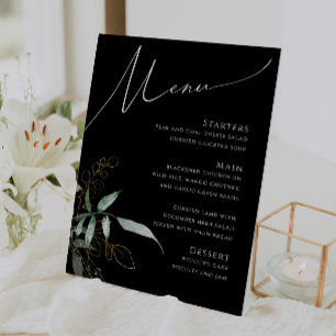 Whimsical Greenery und Gold Black Wedding Menu Sockelschild