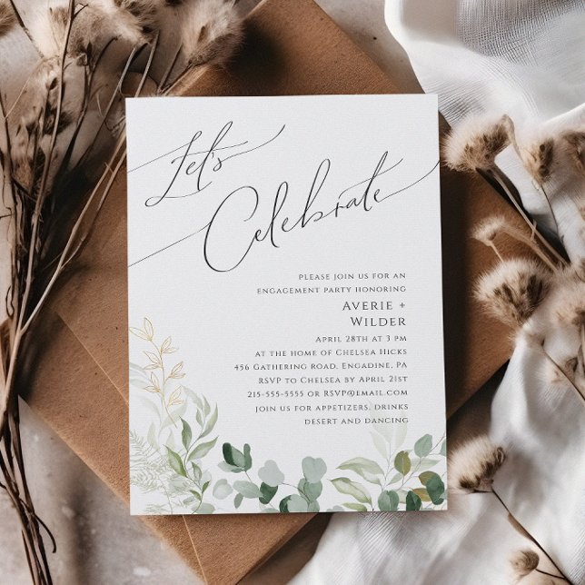 Whimsical Greenery und Gold | Feiern wir Einladung (Von Creator hochgeladen)