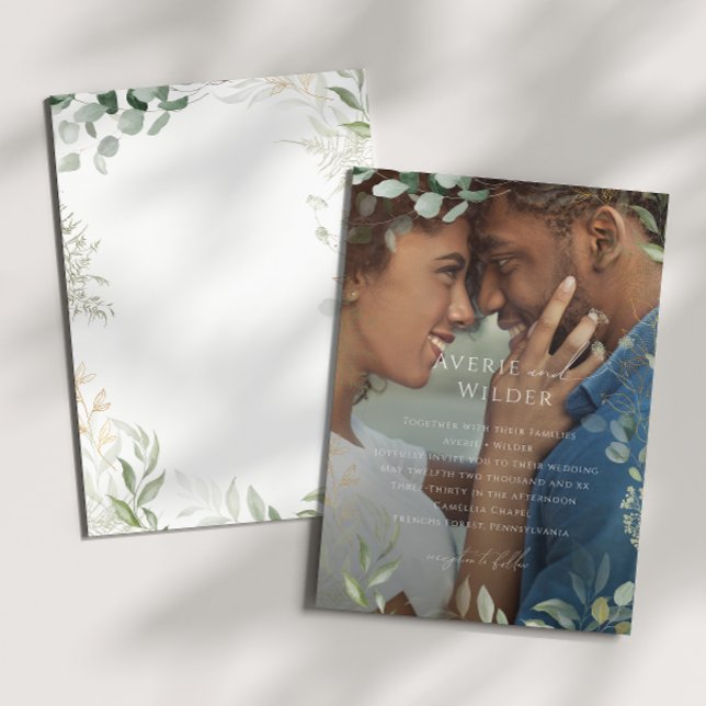 Whimsical Greenery und Gold Foto Frame Wedding Einladung (Von Creator hochgeladen)