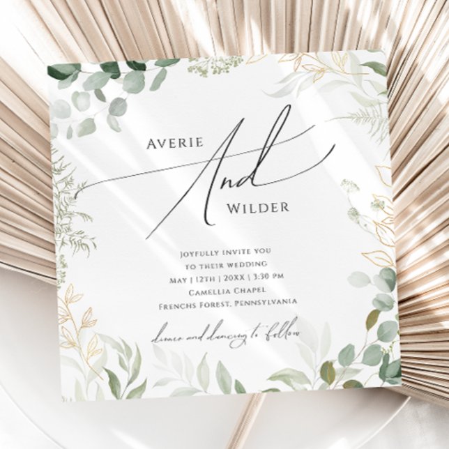 Whimsical Greenery und Gold Square Wedding Einladung (Von Creator hochgeladen)