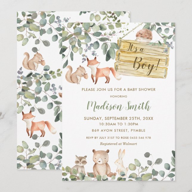 Whimsical Greenery Woodland Animals Babydusche Einladung (Vorne/Hinten)
