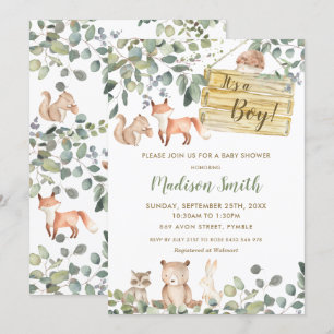 Whimsical Greenery Woodland Animals Babydusche Einladung
