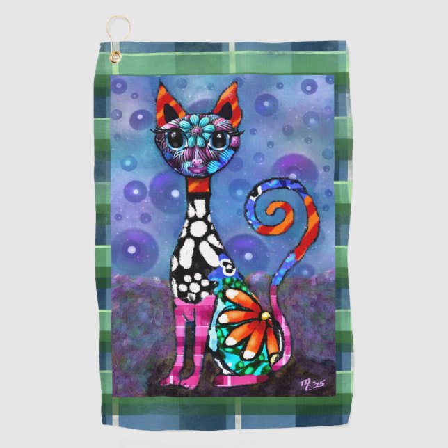Whimsical große Augen funky Kitty Katze Abstract Golfhandtuch (Vorderseite)