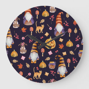 Whimsical Halloween: Gnome & Kürbisse Große Wanduhr