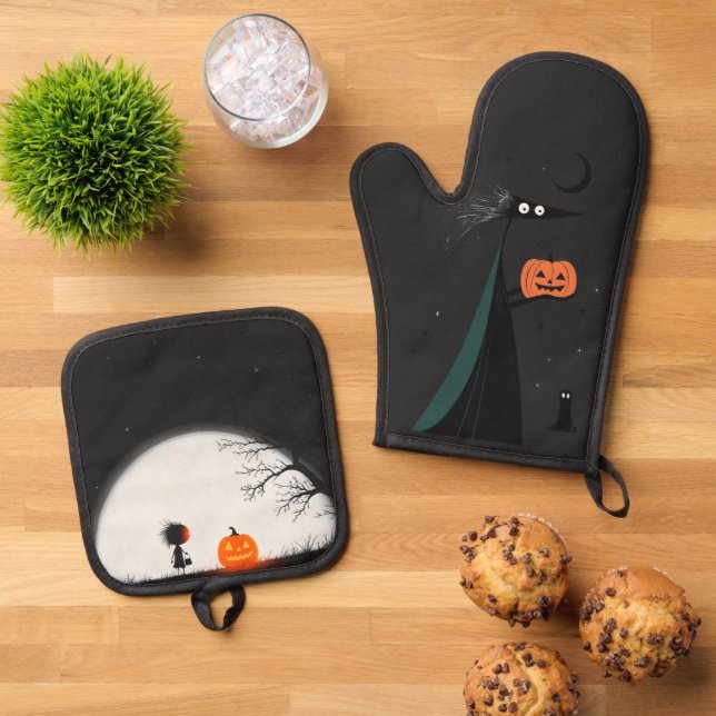 Whimsical Halloween Hexe und Pumpkin Ofenhandschuh & Topflappen-Set (Oben Unten)