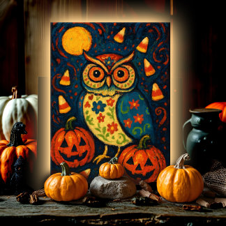 Whimsical Halloween Owl Folk Art Candy Corn Night Karte